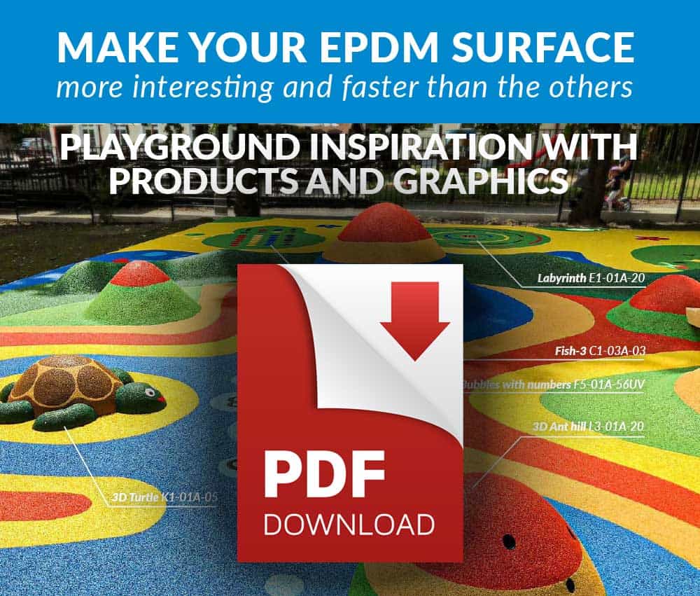 Colorful EPDM playground surface with various play features and graphics.